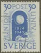 Frimärke ur Gösta Bodmans filatelistiska motivsamling, påbörjad 1950.
Frimärke från Sverige, 1949. Motiv av jordglob och skrivande hand. 