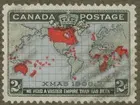 Frimärke ur Gösta Bodmans filatelistiska motivsamling, påbörjad 1950.
Frimärke från Canada, 1898. Motiv av världskarta med Brittiska Postunionen markerad. 