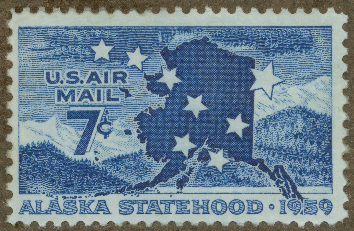 Frimärke ur Gösta Bodmans filatelistiska motivsamling, påbörjad 1950.
Frimärke från USA, 1959. Motiv av karta över Alaska. Karlavagnen och skogsklädda höjder. "Alaska ny USA-stat 1959".