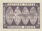 Frimärke ur Gösta Bodmans filatelistiska motivsamling, påbörjad 1950.
Frimärke från Belgien, 1958. Motiv av fyrdelat jordklot och läkarestav. 