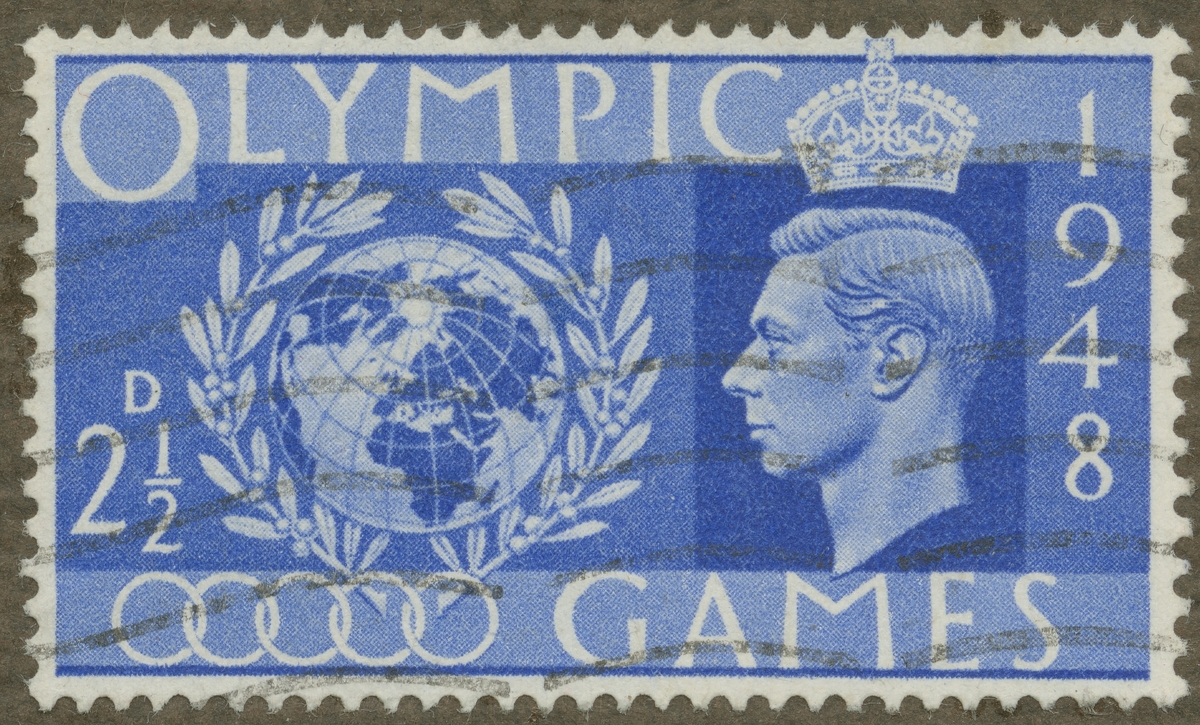 Frimärke ur Gösta Bodmans filatelistiska motivsamling, påbörjad 1950.
Frimärke från England, 1948. Motiv av jordklotet med lagerkrans. "Olympiaden i London 1948".