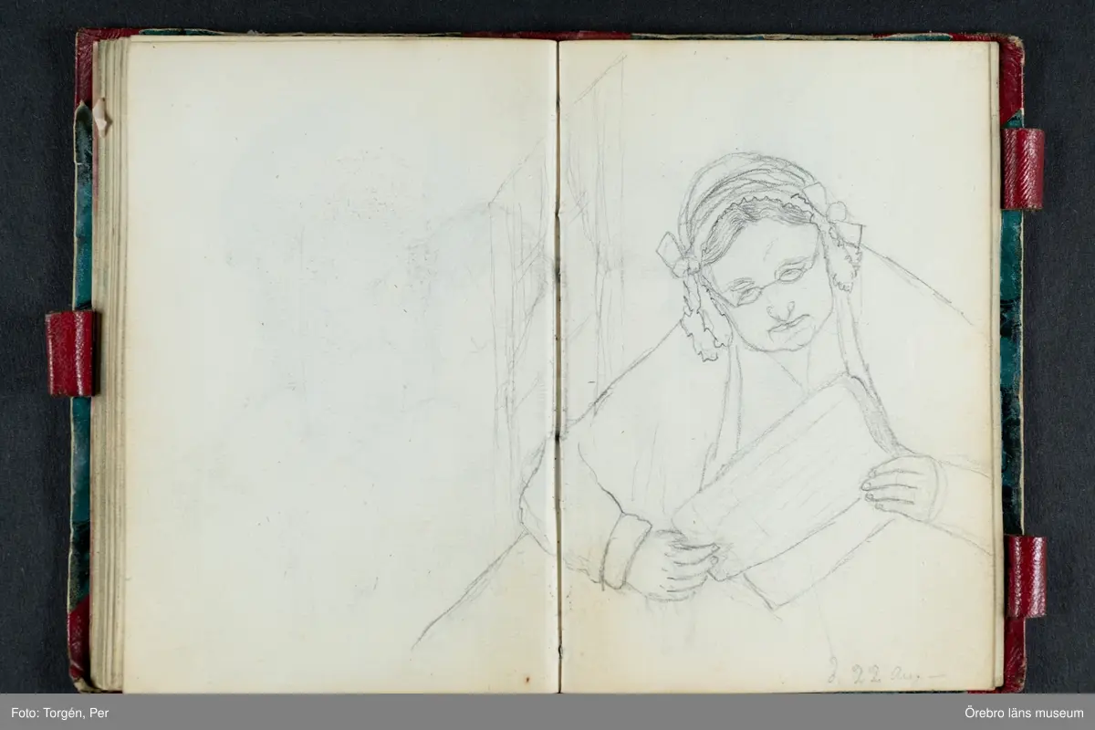 Skissbok med studieporträtt i blyerts av Wilhelmina Lagerholm (1826-1917).  Skisserna är förmodligen tecknade i Örebro under våren och sommaren 1850. I november samma år flyttade Wilhelmina Lagerholm till Stockholm för att studera teckningskonst och måleri. Några av bilderna är daterade och flera har namn på den avporträtterade. De föreställer släktingar, familjemedlemmar samt vänner och bekanta i Örebro.
Ingår i PS-15 Juliana Mannerfelt (W:s faster), F:5 Skissböcker, mm. Wilhelmina Lagerholm.