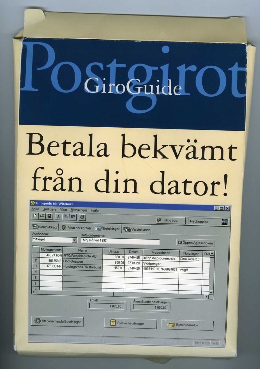 IBM Aptiva hemdator. 

Centralenhet: IBM Aptiva. Minitower. Märkt "Posten Inventarie Nr. 6046"
Skärm: IBM. Modell: 2262-015. Tillverkningsdatum: 1996-04
Tangentbord: IBM Modell: KB-8926. Tillverkningsdatum: 1996-09
Högtalare: IBM.2 st. 
Mus IBM.

Disketter och CD-skivor med program samt manualer och kringdokumentation.