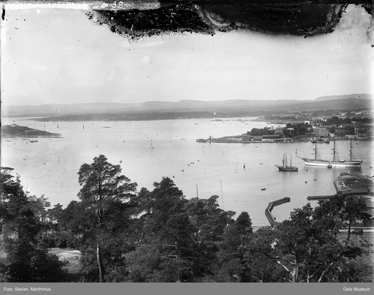 utsikt, fjord, seilskip, seilbåter, havn, Akershus slott og festning, bybebyggelse
