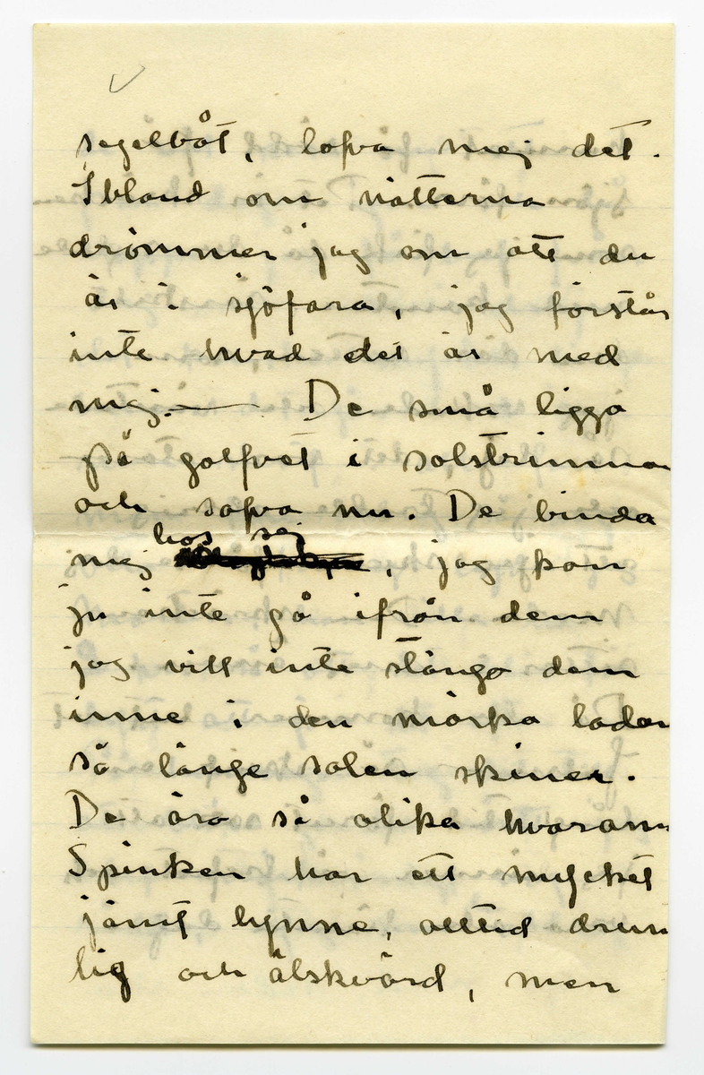 Brev 1909-06-20 från Ester Bauer till John Bauer, bestående av tolv sidor skrivna på fram- och baksidan av tre vikta pappersark. Huvudsaklig skrift handskriven med svart bläck. 
.
BREVAVSKRIFT:
.
[Sida 1]
Vidinge 20/6 09
Min älskade John
Det var tråkigt att jag
inte fick något bref från
dej då jag i fredags var
i Furusund. De foro 
inga regelbundna turer
ännu och gud vet om
de nånsin ämna göra
det. Midsommar afton
[överstruket: res] far Martin för att 
hämta sina systrar och
då får väl detta bref
följa med, sedan ska
.
[Sida 2]
de väl resa om ett
par dagar igen och då
hoppas jag få bref från
dej --- sen dröjer 
det kanske mycket länge
innan det går bud igen
men skrif i alla fall
man kan aldrig så noga
veta. I fredags lejde jag
Martin, han ville ha
2 kr. så att det blir för
dyrt att göra det ofta.
På hemvägen tog det till 
att blåsa ganska hårdt, jag
blef märkvärdigt nog 
rädd, jag som [inskrivet: de] aldrig
.
[Sida 3]
kunnat få rädd på
sjön förr. Det är skräcken
som jag fick då du seglade
med kanoten, särskilt
den där natten, som
jag vakade och väntade
på dej, det var storm
och jag trodde aldrig
att jag skulle få se dej
mera. Den skräcken
sitter i mej ännu.
Då du kommer hit ut
John – så skrif en 
lång tid förut så [överstruken bokstav] att
jag hinner få brefvet och
vara och hämta dej i
.
[Sida 4]
segelbåt, lofva mej det.
Ibland om nätterna
drömmer jag om att du 
är i sjöfara, jag förstår
inte hvad det är med
mej.----- De små ligga
på golfvet i solstrimman
och sofva nu. De binda
mej [överstruket ord] hos sej, jag kan
ju inte gå ifrån dem
jag vill inte stänga dem 
inne i den mörka ladan
så länge solen skiner.
De äro så olika hvarann.
Spinken har ett mycket
jämt lynne, alltid drum
lig och älskvärd, men
.
[Sida 5]
[överskrivet: 4 och 5]
Gruffan är som alla
af det högre stående
könet, djupare och out-
grundlig. Hon kan sitta
långa stunder och stirra
tankfullt framför sej,
men därimellan kan hon
vara yster och vild att
man med knapp nöd
kan rädda henne från
att kasta sej i sjön, för
den älskar hon och hon
vill narra Spink med
sej ut i vattnet, men
han är klokare än så
för vatten är han 
mycket rädd för, som
.
[Sida 6]
det väl också bör vara.
Spink I var ju alltid
så rädd för vatten.
I sina ystra ögonblick
narrar hon Spink till
så mycket odygd men
när hon har sina grubb-
lande tankar verkar
hon lugnande på honom
Ja – så låter han, som
allt manfolk så gärna
vill, leda sej af en 
liten kvinna. Men
ändå gruffar och grälar
han ibland, för att
vi inte ska tro att
det är han som lyder.
.
[Sida 7]
Ack ja, de manfolken.
Martin är den rödaste
socialist. Han trakterar 
mej alltid med de mäst
hårresande historier om
hur grymt elaka alla
arbetsgifvare äro och 
hurdana englar alla
arbetare äro. Då jag
säjer att alla äro vi
mer eller mindre
arbetare och att vi i
regel alltid har någon
långifvare, tycks han
inget förstå, det enda
han förstår tycks vara
.
[Sida 8]
[inskrivet: att] ämbetsmännen ha för
stora löner och att
alla grosshandlare äro
roffare. Men trots allt
skulle han vilja låna
pengar och lära och ta
studenten för att bli
en af dessa hatade äm-
betsmänn. Ja – det är
synd om honom. Han
är kypare och det vill
han inte vara, kanske
det är af sådant stoff
de värsta socialisterna
komma. Nu vakna
de små och tugga på
mattan och så ska
.
[Sida 9] 
[Längst upp över sida 9 och 12 text upp och ner: Jon-Erik ska fara till Fur---
tar han detta brefvet [överstruket ord] samt ett g eller siffran 9, alt. siffran 6 upp och ner]
jag laga middag. Adjö
med dej.
I kväll ligger hafvet som
en spegel. Jag har setat 
nere vid stranden och
hört sjöfågelskriken, de
hoade åt hvarandra och
[inskrivet: en] mamma med sina små
kommo simmande i det
metallfärgade vattnet och
måsar och tärnor singlade
i vida kretsar öfver mej.
Ja – det var vackert, gudom-
ligt vackert. Finns här väl
något ensligare än ett sjö-
fågelskrik, Och ensamheten
är så stor och vacker.
.
[Sidan 10]
[Längst upp sista ordet i en mening som börjar på sidan 11 skriven upp och ner: alla. I marginalen är inskrivet LI eller 17 upp och ner]
God natt med dej käre
Kyss din Esther.
I dag har Greta och jag
badat, jag kom just nu
hem. Vi lågo på berget
en hel timme och togo
solbad. Vattnet var kallt
så att det bet i skinnet
men härligt var det i
alla fall. Tack för [överstruket: ditt]
dinna båda bref. jag
var nyss vid ”Brändöras”
och hämtade dem (de ha
varit i Furusund i dag)
Jag satt i en björkdunge
och löste dem och jag
är så glad och kär i dej
John
.
[Sida 11]
[längst upp på sidan 11 och 10 skrivet upp och ner: Helsa så mycket till alla]
Visst är jag frisk och solbränd
och mina taxbarn må
som prinsar. För en
stund sedan gingo de
ner i en pöl med
gödselvatten och så stängde
jag in dem fastän solen
skiner ännu men något
straff ska de ha --- de
små älsklingarna. Men
nu äro de ute igen och 
nu stå de och gråta för
att jag sitter och skrifver
i stället för att leka med 
dem. De hälsa så hjärtin-
nerligt mycket til dej.
Ja – Fridas bref är verkligen
.
[Sida 12]
[längst upp på sidan skrivet upp och ner en text som är skriven över sidorna 9 och 12: [sida 9: Jon-Erik ska fara till Fur /sida 12: usund i morgon och då /sida 9: tar han detta brefvet /sida 12: med. Adjö med dej Johnne]
karaktäristiskt för henne,
jag skall skrifva och äckla[?]
henne och till Åbergs [not: kan även stå Öbergs]
skall jag också skrifva
en vacker kväll och det
äro ju alla här ute.
Men John, hvad jag länk-
tas efter dej min egen käre
John hvad jag då skulle
kyssa din munn och kry-
pa upp i din famn. Ack ja
---- men du kommer ju
snart eller hur? Jag är
så glad åt dej. Lille Spinken
hälsar särskilt till dej, han
blir allt mer och mer lik
vår förre lille Spink..
Kyss mej min egen käre
John