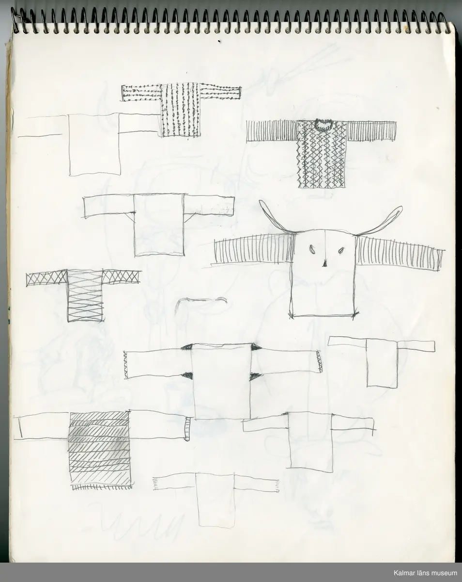 KLM 46157:484. Skissblock, papper, färg. Skissblock med vita papperssidor och omslag i vitt papper med texten "SKISSBLOCK" i blått. Innehåller anteckningar och skisser, gjorda av Raine Navin. Se foto för exempel.