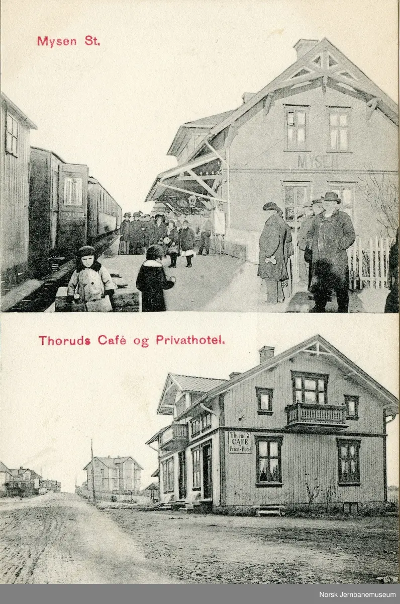 Persontog på Mysen stasjon på Østfoldbanen og Thoruds Cafe og privathotel