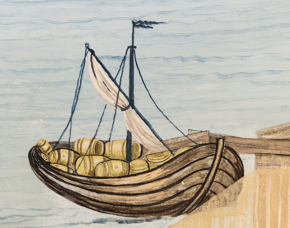 Del av väggmålning. Limfärg på papp. Två pilastrar och målat väggfält. Holme med slott, hamn med skepp och tunnor samt en rökande man. Två soldater och en hund.