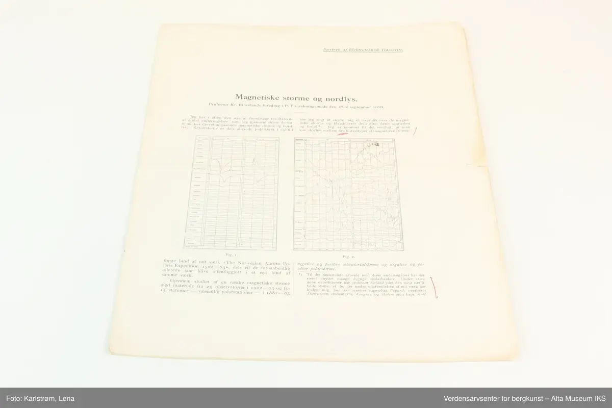 Arkivmateriale med nordlysforskning som tema: 
To brev mellom Ingeniør J. Meyer og Kristian Birkeland. 
Særtrykk av Teknisk Ukeblad med minneord om Kristian Birkeland. 
Særtrykk av Elektroteknisk Tidsskrift med Kristian Birkelands foredrag om "Magnetiske storme og nordlys".
To avisutklipp som omhandler Nordlysobservatoriet på Haldde.