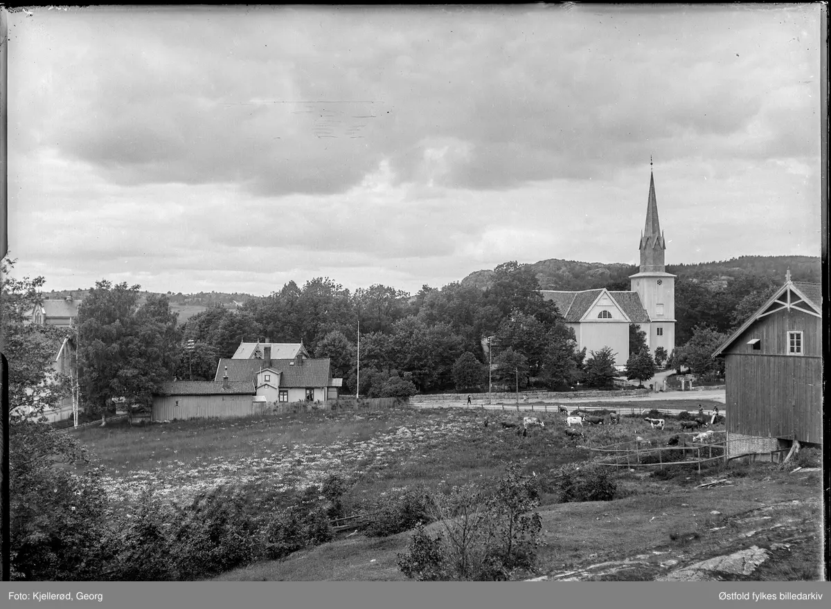 Sandar kirke i  Sandefjord, korskirke bygd i 1792. Kyr på beite.