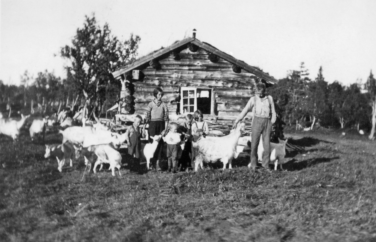 Setring på Aunslættet. Hanna og Rasmus Ramo og fire av deres barn, fra venstre Magnar, Leif, Olav og Oline.