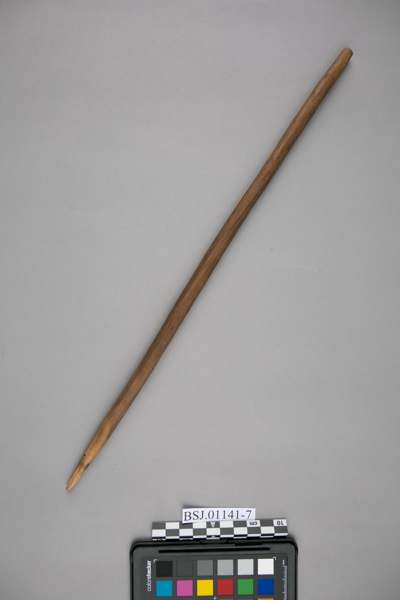Mast (usikker). Del av modell av australsk utriggerkano med padleåre, taukveil og andre løse deler.