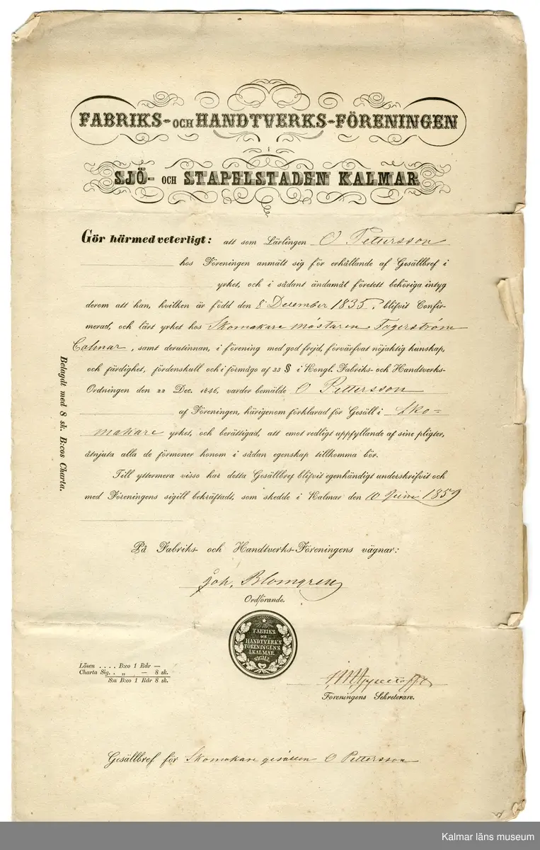 KLM 46339:30. Gesällbrev. Text på beige papper, en sida. Gesällbrev för skomakargesällen O. Pettersson.