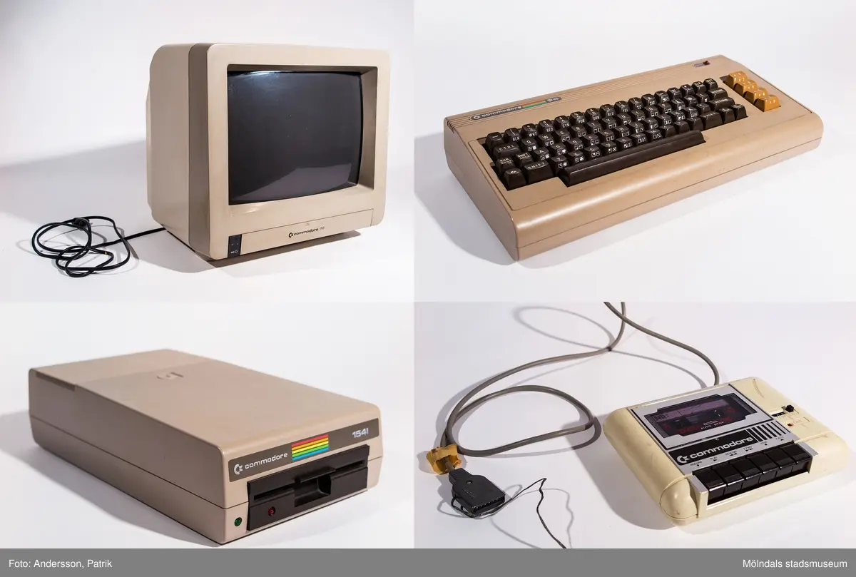 Commodore 64 dator i tre delar.Dator med diskettstation Commodore 1541. Mått: 195 mm x 355 mm.Tangentbord C 64. Mått: 400 mm x 200 mm.Skrivare Commodore MPS 802,. Mått: 330 mm x 390 mm, 420 mm med ratt.Givaren köpte datorn begagnad, komplett med all utrustning av en privatperson i Västerås genom Försvarets Motorklubbs tidning 1995.Han använde den främst till ordbehandling, men spelade och programmerade också lite grann på den. Den bör vara i fungerande skick fortfarande (2002-12-11).Ett Nintendospel är också skänkt av Berne och inköpt i slutet av 1980-talet.Till C 64 finns manualer, disketter m.m. material.