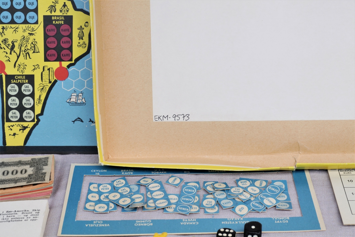 Spillet heter "Shipping", og inneholder spillbrett, forflytnigsfigurer, penger og brikker mm.