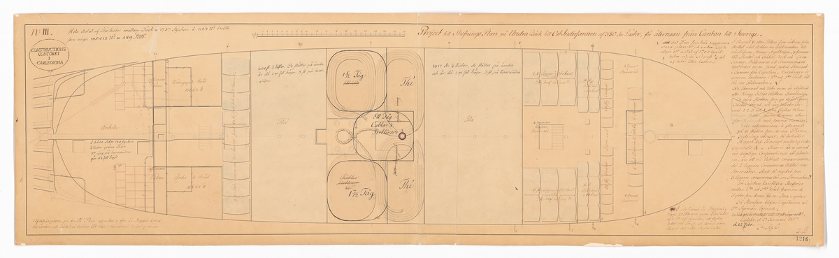 Stuvningsplan för undre däck på ostindiefarare. Ritningen visar hur te och kistor med andra varor skulle placeras i lastrummet inför hemfärd till Sverige från Kina.