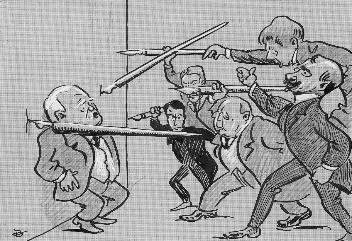 karikatur, mann, episode. Bjørnson blir spiddet med fyllepenner av teaterkritikere.