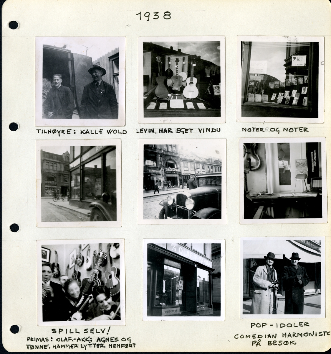 Fra familiealbum. Fotografi tatt fra gaten med Olaf T. Ranum A/S' butikkfasade på høyre side og på motsatt side nummer 21 (murbygningen) Kioskenes ekspedition i Olav Tryggvasons gate, Trondheim.