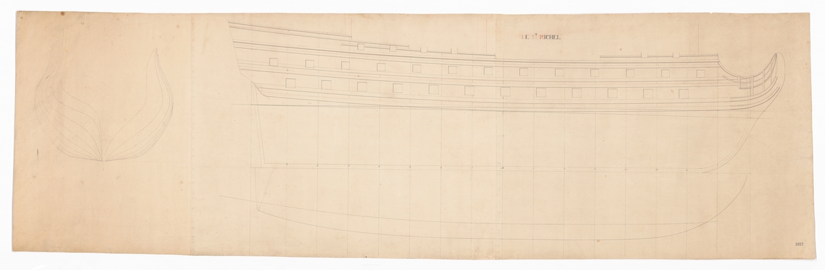 Det franska linjeskeppet LE SAINT MICHEL (1741). Profil-, linje- och spantritning,