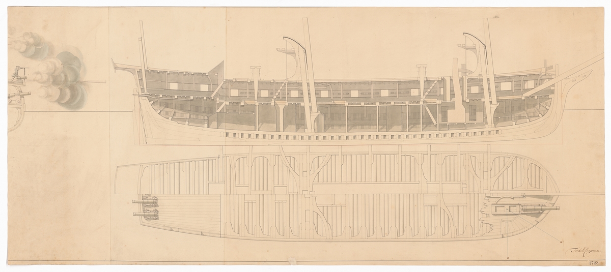(1) Korvett eller lätt fregatt med 22 kanoner. Konstruktionsritning, profil och plan. (2) Skottpråm. Profil och genomskärning, plan.