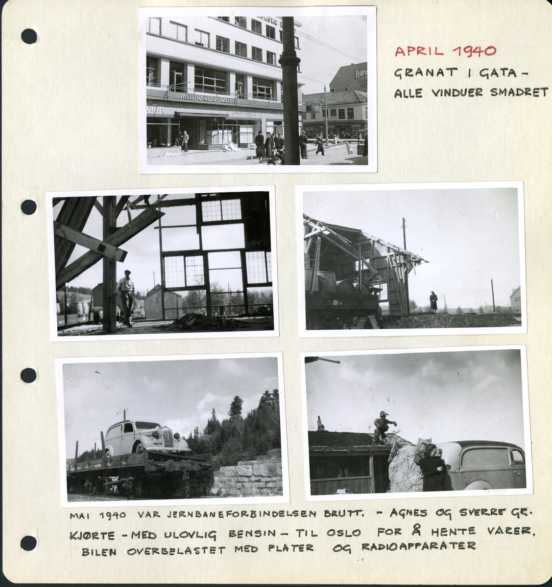 Fra familiealbum.  I mai 1940 var jernabneforbindelsen brutt. Anges Ranum Granholt og Sverre Granholt kjørte, med ulovlig bensin, til Oslo for å hente varer. Bilen var overbelastet med plater og radioapparater.