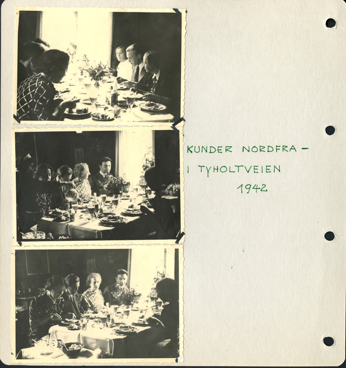 Fra familiealbum. Kunder nordfra på besøk i Tyholtveien hos Olaf T. Ranum. Mest sannsynlig Ranum som ved vinduet, og Gudrun Ranum ved siden av han, samt Ingeborg Ranum som får påfyll i glasset.