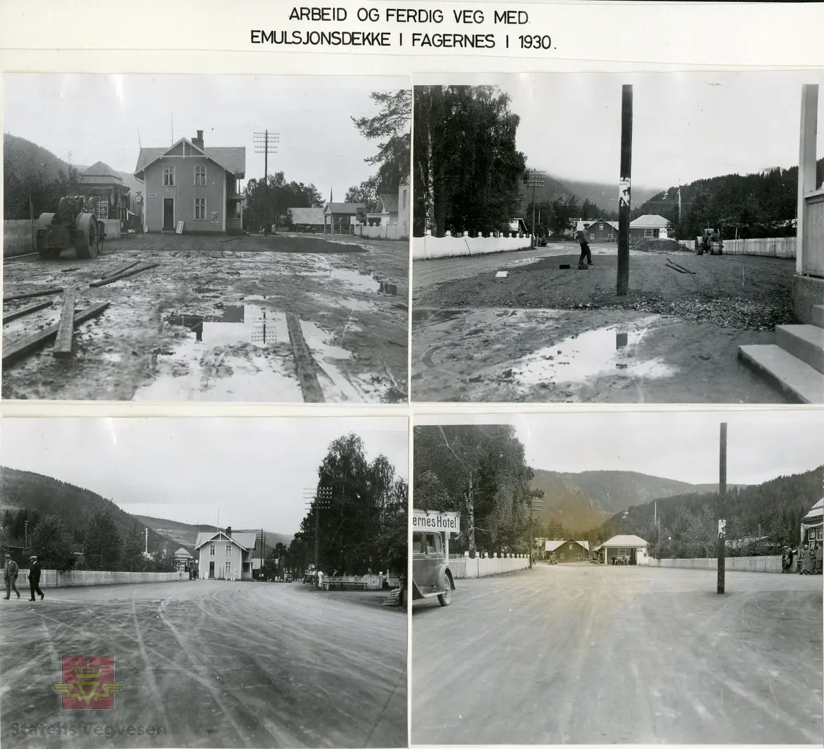 Bilde 1) Bildet viser Fagernes jernbanestasjon og stasjonsbygning i 1930. Til høyre på bildet skilt til a/s Jotunheimen & Valdresruten Bilselskap. 
Klikk på pilen til høyre som viser framdriften i arbeid og ferdig veg med emulsjonsdekke i Fagernes i 1930.
Bilde 2) NVM00F36768 
Bilde 3) NVM00F36769
Bilde 4) NVM00F36770 
Bilde 5) NVM00F36766

Se Relasjon/Relaterte objekter lenger ned på siden som viser bilde av Brødrene Brustads emulsjonsspredevogn i 1936. 
og Album "Till Veidirektør Andreas Baalsrud,  Fr. A.S.W. Odelberg, Gustavsberg, Sverige. Oslo 4 feb 1933. Försök: Tiärinbränkt grusbana. 1932".