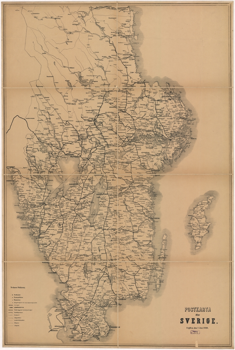 Postkarta över Sverige, södra delen, utgiven 1 juni 1880
Kartan av papper, uppfodrad på väv.