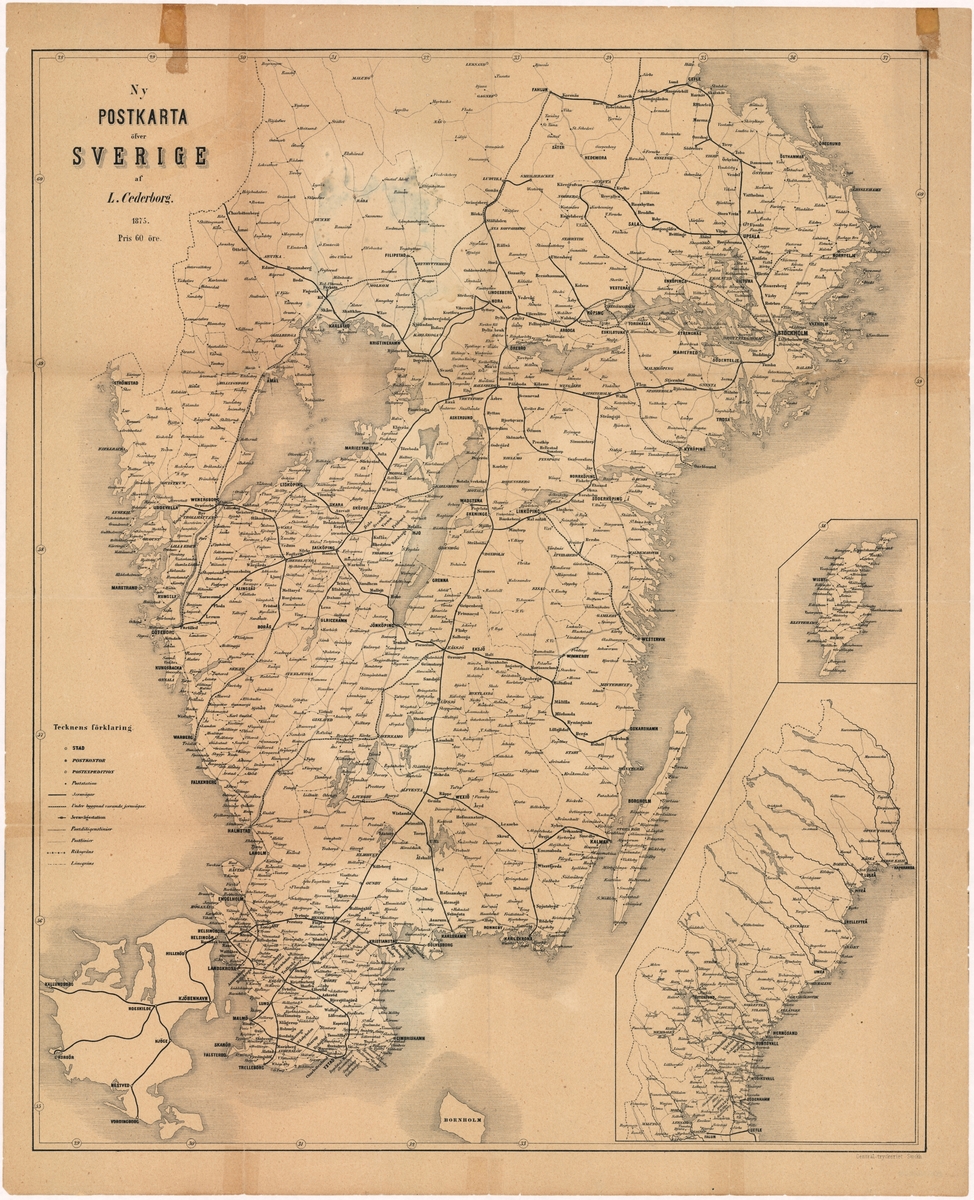 Postkarta över Sverige, utgiven 1875. Kartan visar södra Sverige i större skala. Nere till höger avbildas Norrland i mindre skala.