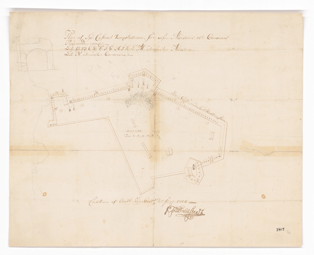 Plan över Kungsholms fort med placering av mörsare och kanoner.