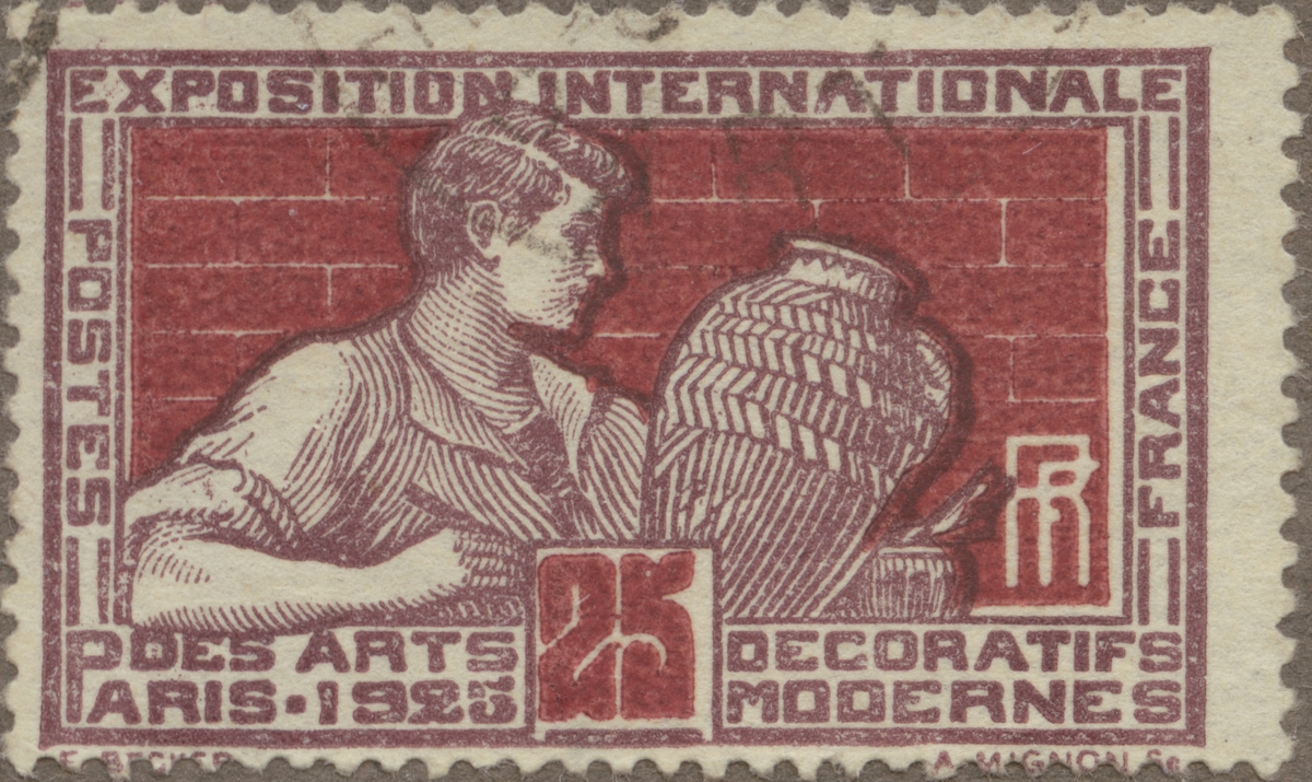 Frimärke ur Gösta Bodmans filatelistiska motivsamling, påbörjad 1950.
Frimärke från Frankrike, 1924-1925. Motiv av keramiker. "Internationella utställningen för modern, dekorativ konst 1925".