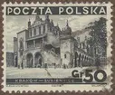 Frimärke ur Gösta Bodmans filatelistiska motivsamling, påbörjad 1950.
Frimärke från Polen, 1935. Motiv av tyghallen i Krakau.

Ur låda 