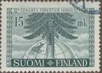 Frimärke ur Gösta Bodmans filatelistiska motivsamling, påbörjad 1950.
Frimärke från Finland, 1949. Motiv av stiliserad gran framför jordglob med Finlands karta. 