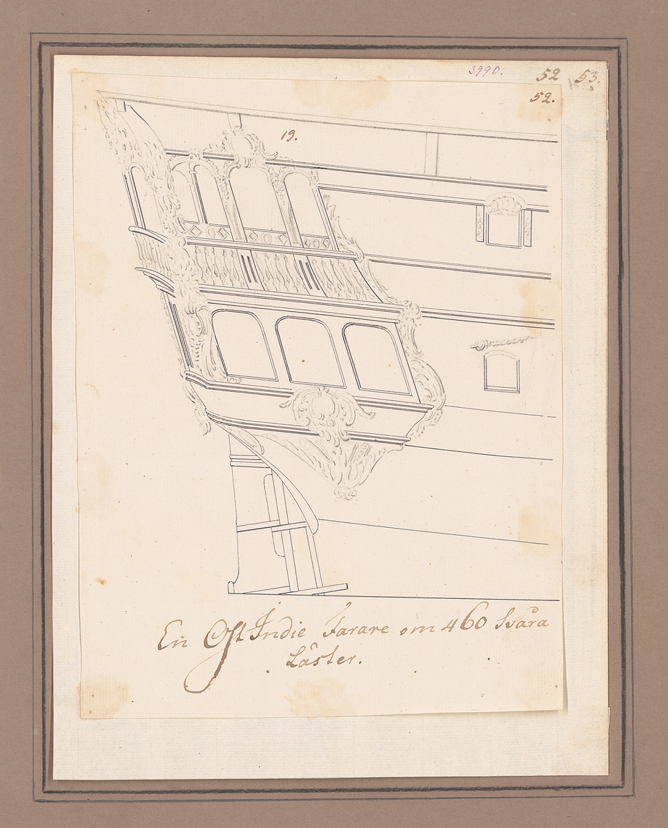 Skiss till styrbords låringsgalleri på ostindienfarare om 460 svåra läster.