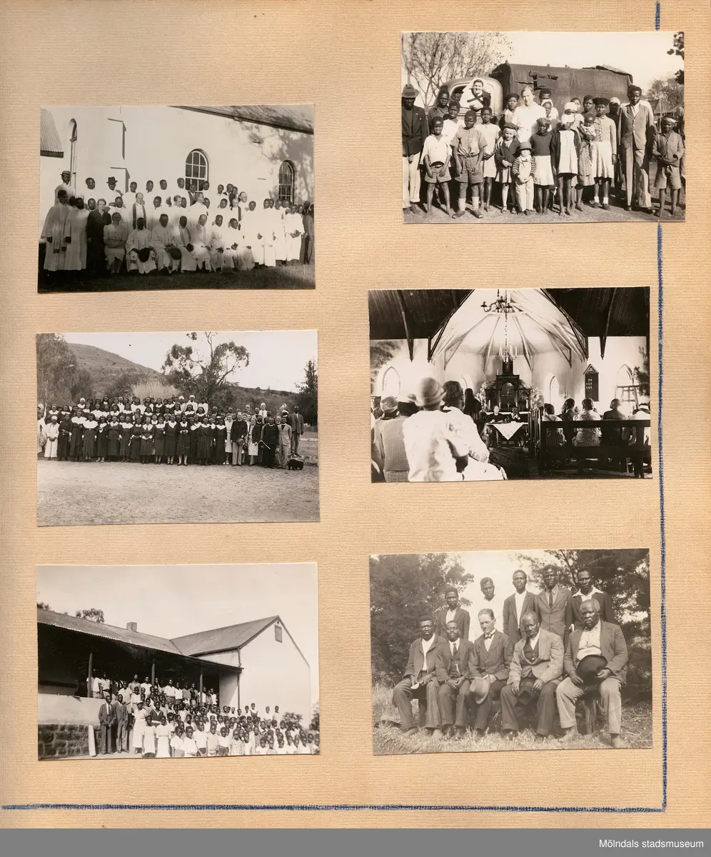 Fotografialbum som tillhört missionären Helga Andreasson.

Helga Andreasson växte upp i Mölndal och efter avslutad skolgång utbildade hon sig till sjuksköterska och diakonissa vid Bräcke diakonianstalt. År 1931 reste hon ut till Zululand i Sydafrika och arbetade där som missionär för Svenska Kyrkans Mission. I närmare 40 år kom Helga Andreasson att arbeta i Sydafrika med kyrka och mission. 

Givaren Lilly Nygren är syster till Helga Andreasson, som var äldsta systern i en barnskara av sex.
Foton, diabilder, böcker mm. efter Helga Andreasson finns förvarade i Föreningsarkivet i Mölndal.