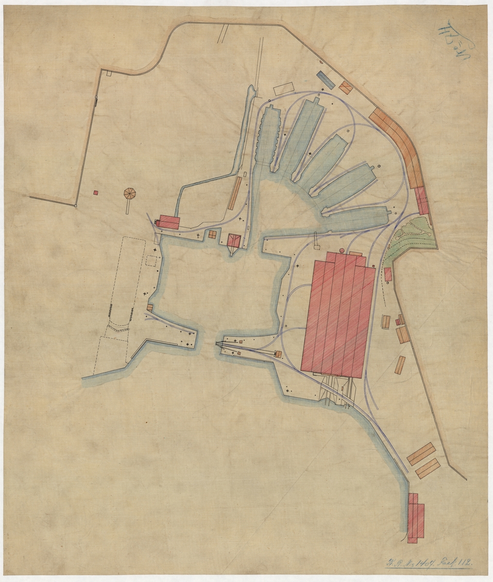 1 st. planritning över dockorna 1-5 samt svajningsrummen och tilltänkta Oscarsdockan inritad. Utförd på väv.