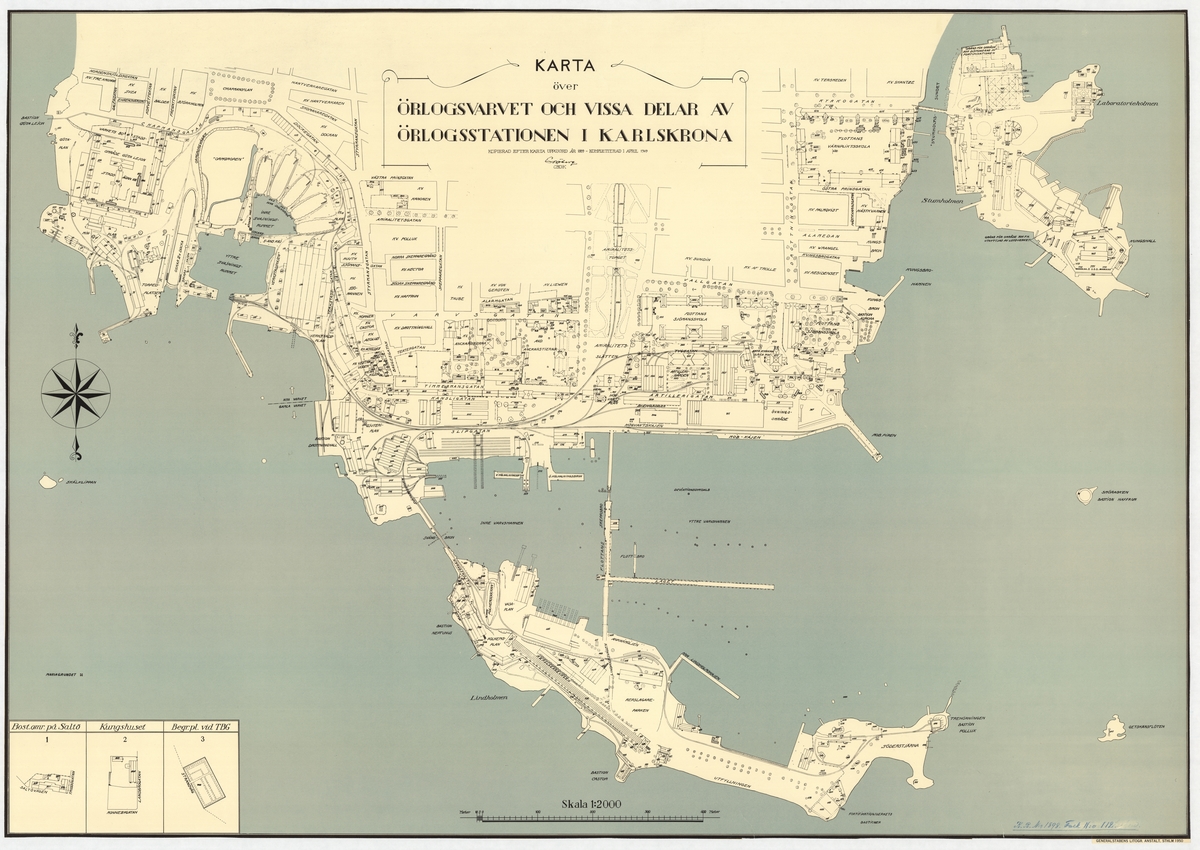 1 st. karta över örlogsvarvet och vissa delar av örlogsstationen i Karlskrona. År 1950. Tryckt på papper.