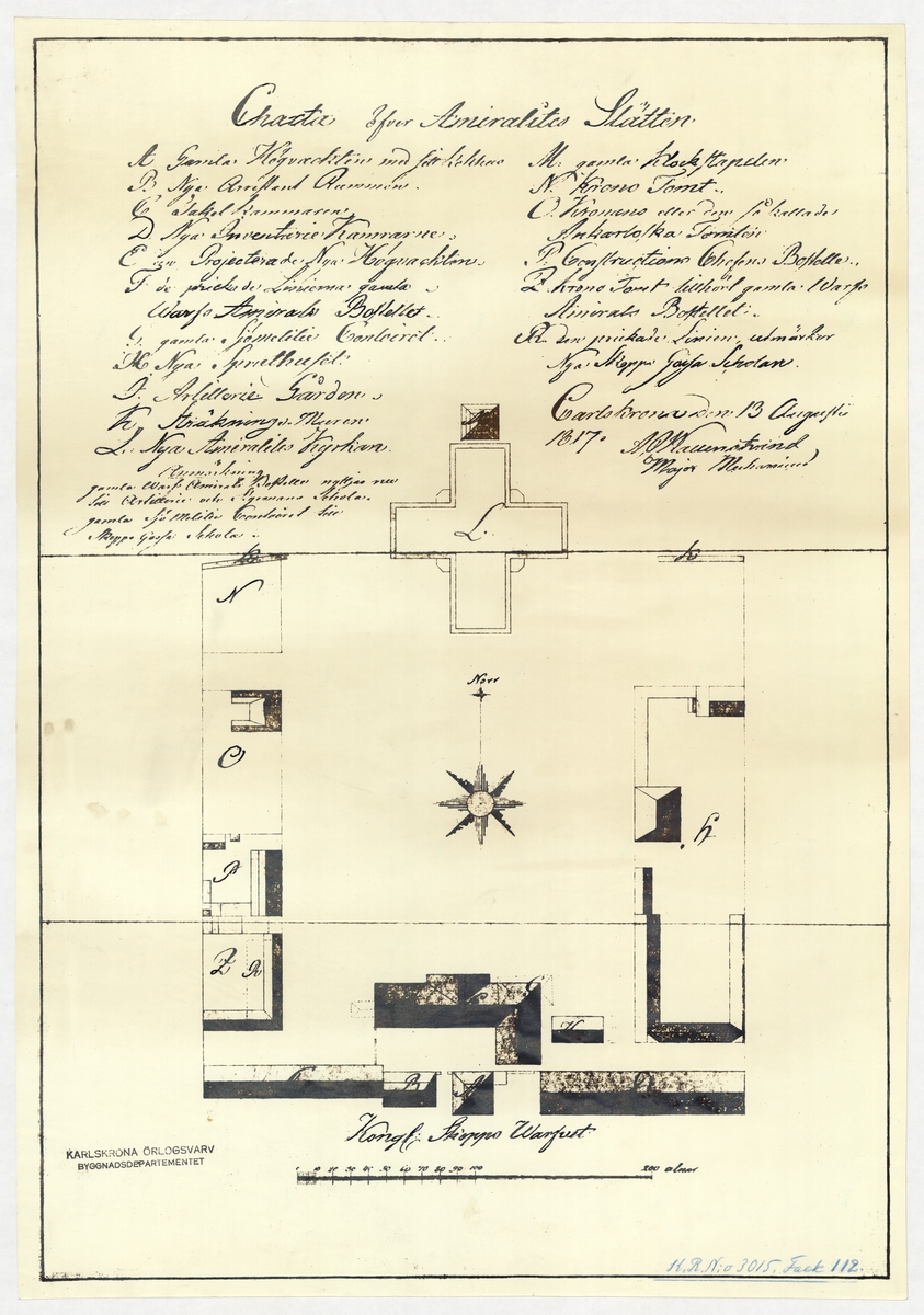 1 st. Charta öfver Amiralitets Slätten. Carlskrona den 13 Augusti 1817 A.O.Wallenstrand, Major Mechanicus. Fotostatkopia.