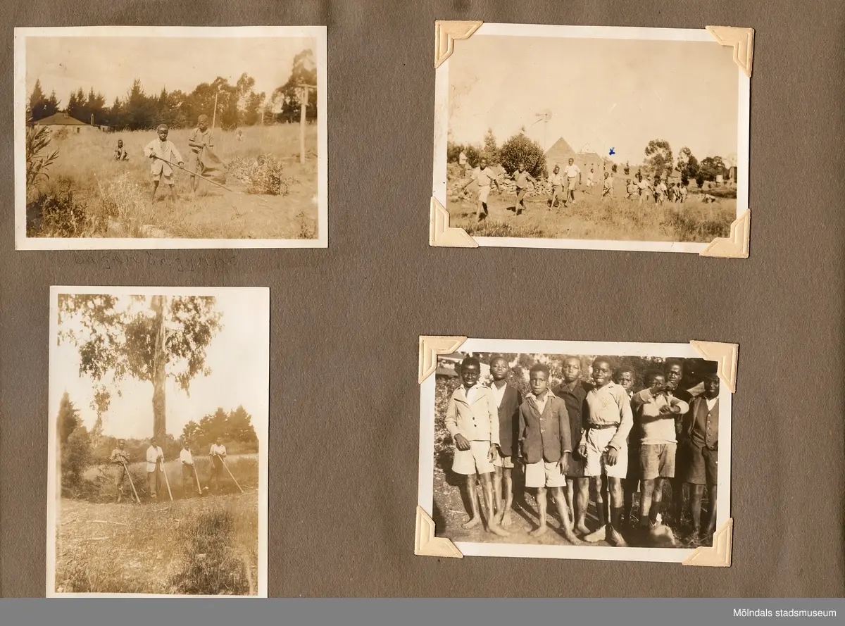 Fotografialbum som tillhört missionären Helga Andreasson. Albumet börjar med bilder från Roodeport 1932.

Helga Andreasson växte upp i Mölndal och efter avslutad skolgång utbildade hon sig till sjuksköterska och diakonissa vid Bräcke diakonianstalt. År 1931 reste hon ut till Zululand i Sydafrika och arbetade där som missionär för Svenska Kyrkans Mission. I närmare 40 år kom Helga Andreasson att arbeta i Sydafrika med kyrka och mission. 

Givaren Lilly Nygren är syster till Helga Andreasson, som var äldsta systern i en barnskara av sex.
Foton, diabilder, böcker mm. efter Helga Andreasson finns förvarade i Föreningsarkivet i Mölndal.