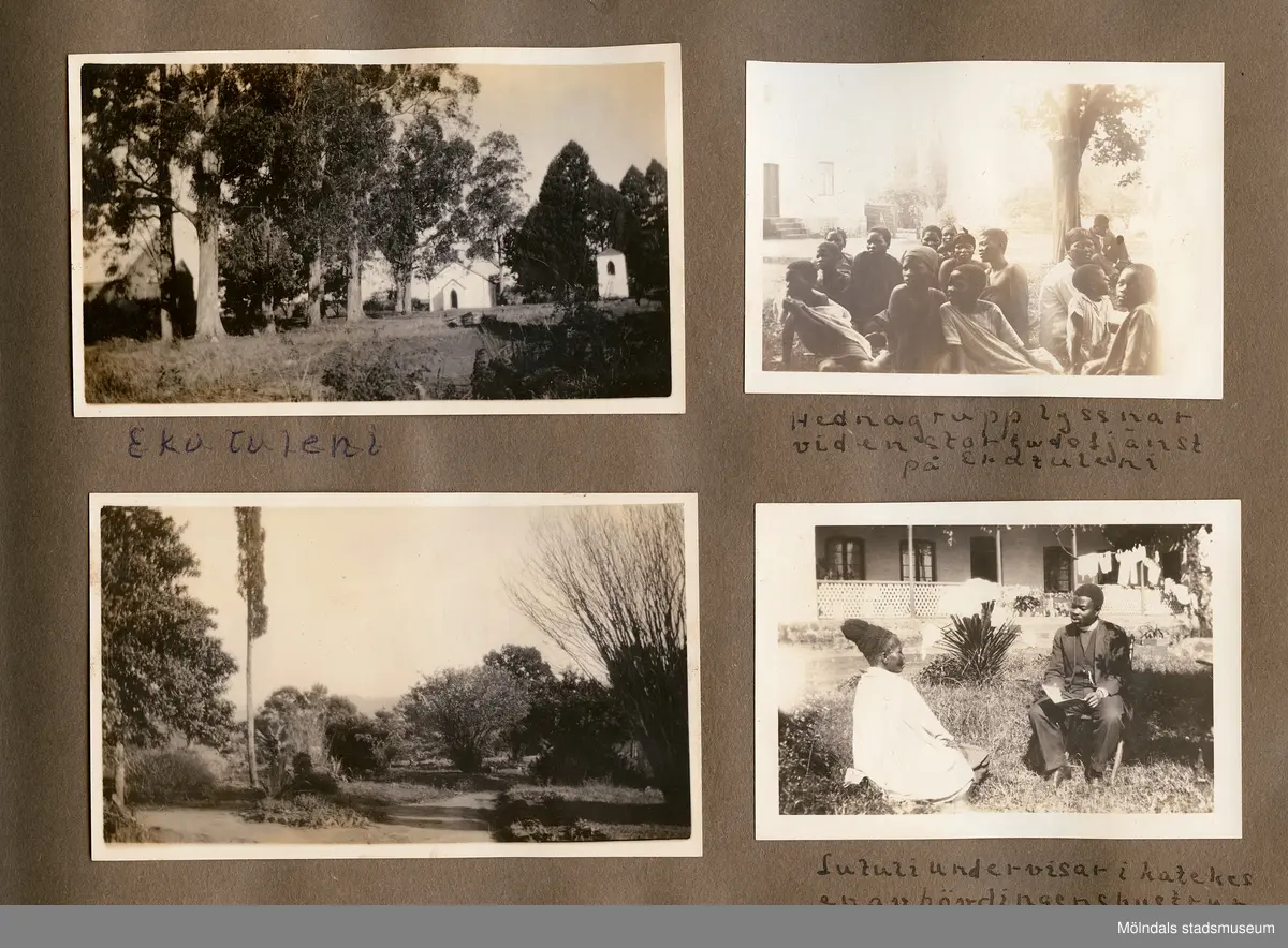 Fotografialbum som tillhört missionären Helga Andreasson. Albumet börjar med bilder från Roodeport 1932.

Helga Andreasson växte upp i Mölndal och efter avslutad skolgång utbildade hon sig till sjuksköterska och diakonissa vid Bräcke diakonianstalt. År 1931 reste hon ut till Zululand i Sydafrika och arbetade där som missionär för Svenska Kyrkans Mission. I närmare 40 år kom Helga Andreasson att arbeta i Sydafrika med kyrka och mission. 

Givaren Lilly Nygren är syster till Helga Andreasson, som var äldsta systern i en barnskara av sex.
Foton, diabilder, böcker mm. efter Helga Andreasson finns förvarade i Föreningsarkivet i Mölndal.