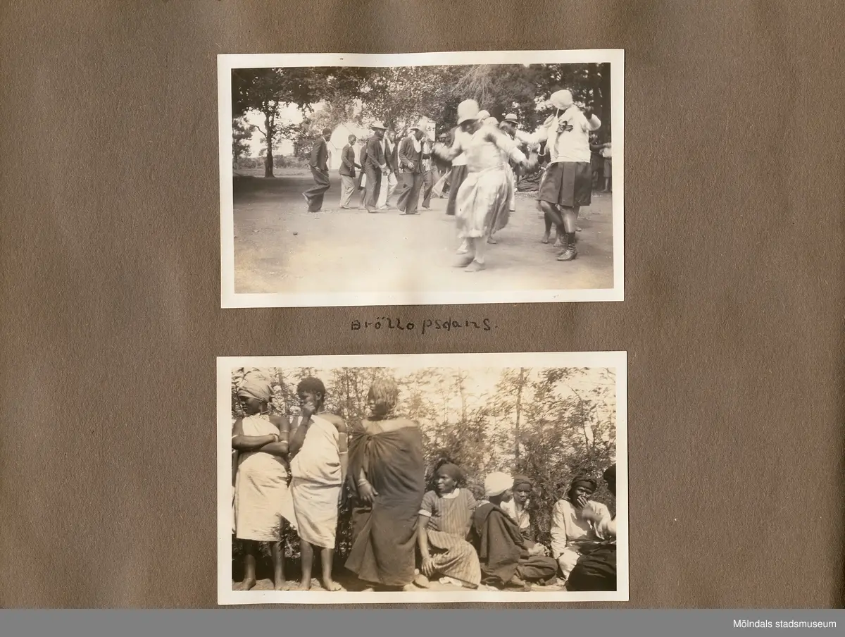 Fotografialbum som tillhört missionären Helga Andreasson. Albumet börjar med bilder från Roodeport 1932.

Helga Andreasson växte upp i Mölndal och efter avslutad skolgång utbildade hon sig till sjuksköterska och diakonissa vid Bräcke diakonianstalt. År 1931 reste hon ut till Zululand i Sydafrika och arbetade där som missionär för Svenska Kyrkans Mission. I närmare 40 år kom Helga Andreasson att arbeta i Sydafrika med kyrka och mission. 

Givaren Lilly Nygren är syster till Helga Andreasson, som var äldsta systern i en barnskara av sex.
Foton, diabilder, böcker mm. efter Helga Andreasson finns förvarade i Föreningsarkivet i Mölndal.