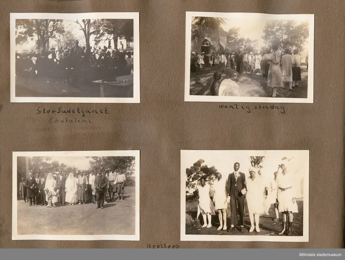 Fotografialbum som tillhört missionären Helga Andreasson. Albumet börjar med bilder från Roodeport 1932.

Helga Andreasson växte upp i Mölndal och efter avslutad skolgång utbildade hon sig till sjuksköterska och diakonissa vid Bräcke diakonianstalt. År 1931 reste hon ut till Zululand i Sydafrika och arbetade där som missionär för Svenska Kyrkans Mission. I närmare 40 år kom Helga Andreasson att arbeta i Sydafrika med kyrka och mission. 

Givaren Lilly Nygren är syster till Helga Andreasson, som var äldsta systern i en barnskara av sex.
Foton, diabilder, böcker mm. efter Helga Andreasson finns förvarade i Föreningsarkivet i Mölndal.