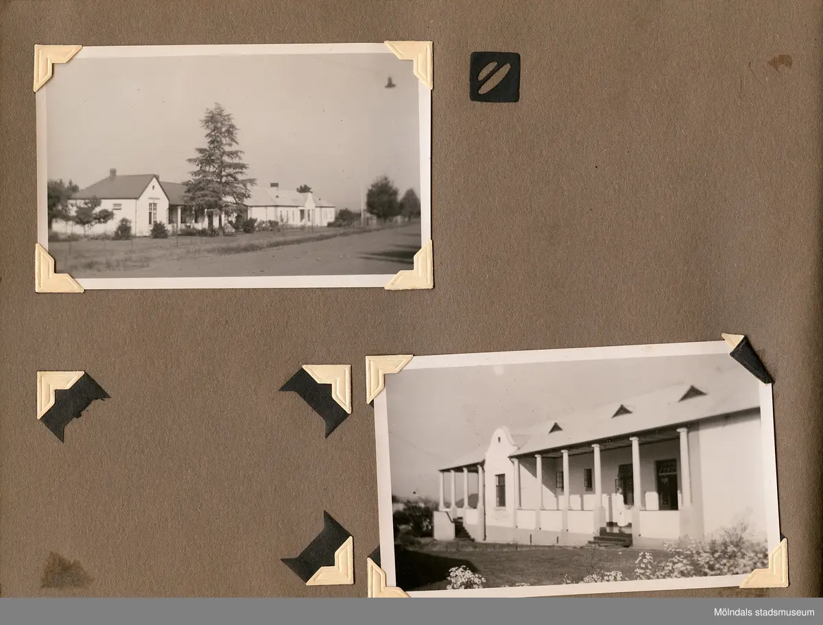 Fotografialbum som tillhört missionären Helga Andreasson. Albumet börjar med bilder från Roodeport 1932.

Helga Andreasson växte upp i Mölndal och efter avslutad skolgång utbildade hon sig till sjuksköterska och diakonissa vid Bräcke diakonianstalt. År 1931 reste hon ut till Zululand i Sydafrika och arbetade där som missionär för Svenska Kyrkans Mission. I närmare 40 år kom Helga Andreasson att arbeta i Sydafrika med kyrka och mission. 

Givaren Lilly Nygren är syster till Helga Andreasson, som var äldsta systern i en barnskara av sex.
Foton, diabilder, böcker mm. efter Helga Andreasson finns förvarade i Föreningsarkivet i Mölndal.
