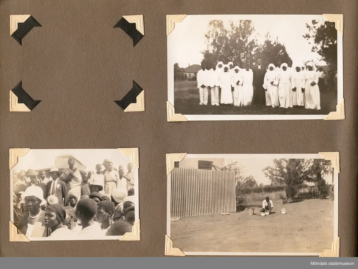 Fotografialbum som tillhört missionären Helga Andreasson. Albumet börjar med bilder från Roodeport 1932.

Helga Andreasson växte upp i Mölndal och efter avslutad skolgång utbildade hon sig till sjuksköterska och diakonissa vid Bräcke diakonianstalt. År 1931 reste hon ut till Zululand i Sydafrika och arbetade där som missionär för Svenska Kyrkans Mission. I närmare 40 år kom Helga Andreasson att arbeta i Sydafrika med kyrka och mission. 

Givaren Lilly Nygren är syster till Helga Andreasson, som var äldsta systern i en barnskara av sex.
Foton, diabilder, böcker mm. efter Helga Andreasson finns förvarade i Föreningsarkivet i Mölndal.