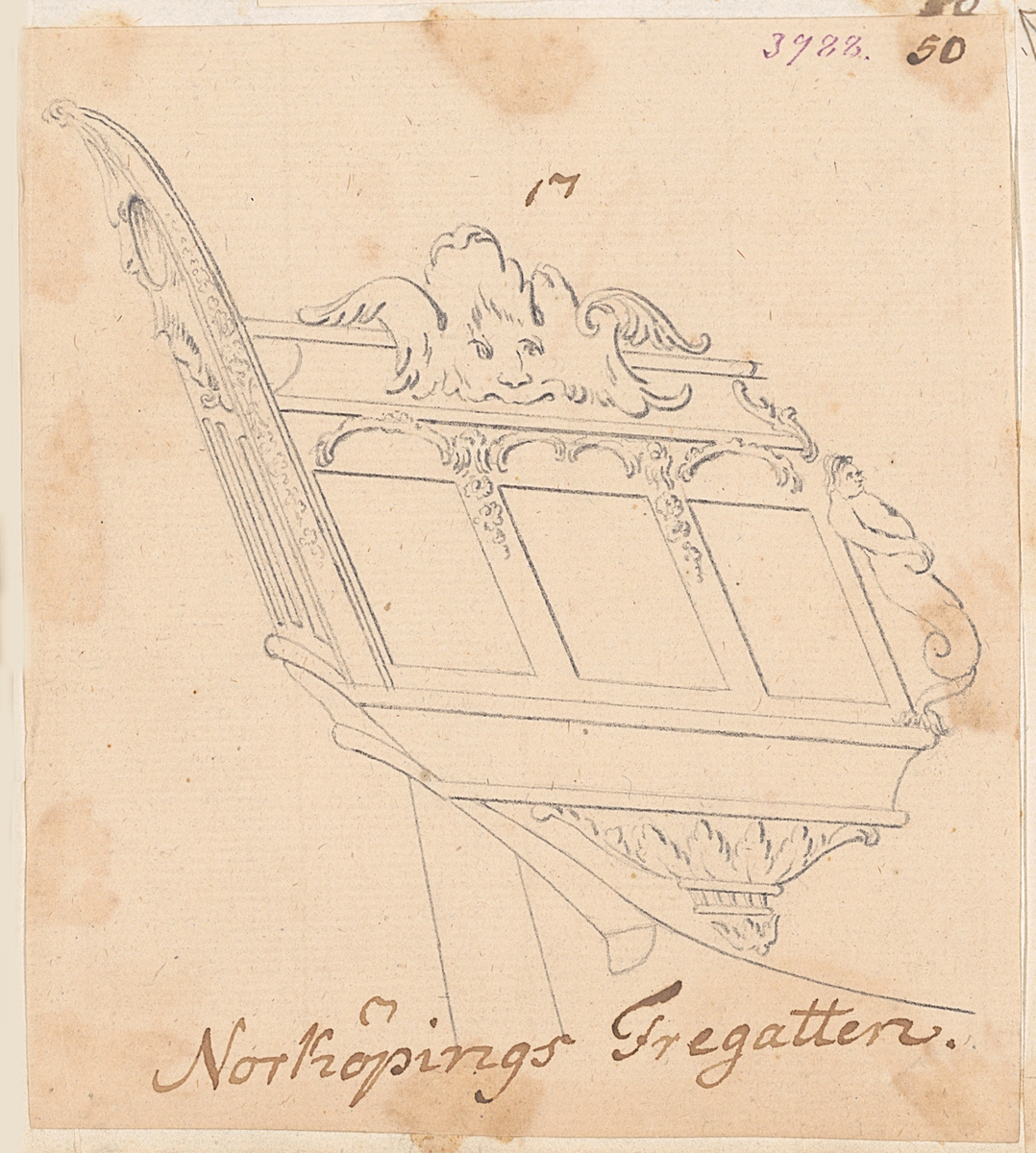 Styrbords låringsgallerier till (1) den engelska fregatten UNICORN (1748) samt (2) en planerad men aldrig byggd fregatt för svenska flottan, ritad av F H af Chapman.