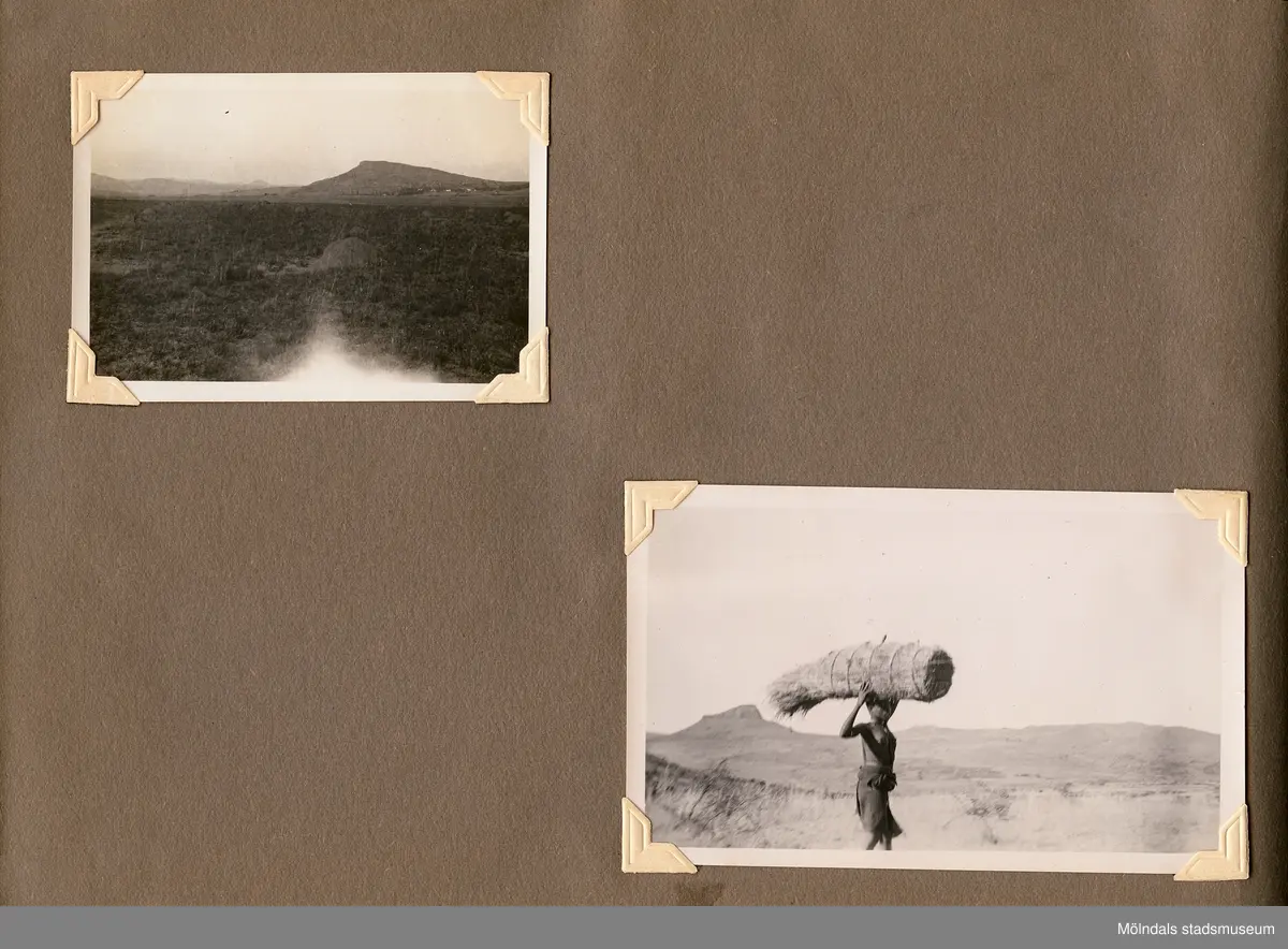 Fotografialbum som tillhört missionären Helga Andreasson. Albumet börjar med bilder från Roodeport 1932.

Helga Andreasson växte upp i Mölndal och efter avslutad skolgång utbildade hon sig till sjuksköterska och diakonissa vid Bräcke diakonianstalt. År 1931 reste hon ut till Zululand i Sydafrika och arbetade där som missionär för Svenska Kyrkans Mission. I närmare 40 år kom Helga Andreasson att arbeta i Sydafrika med kyrka och mission. 

Givaren Lilly Nygren är syster till Helga Andreasson, som var äldsta systern i en barnskara av sex.
Foton, diabilder, böcker mm. efter Helga Andreasson finns förvarade i Föreningsarkivet i Mölndal.