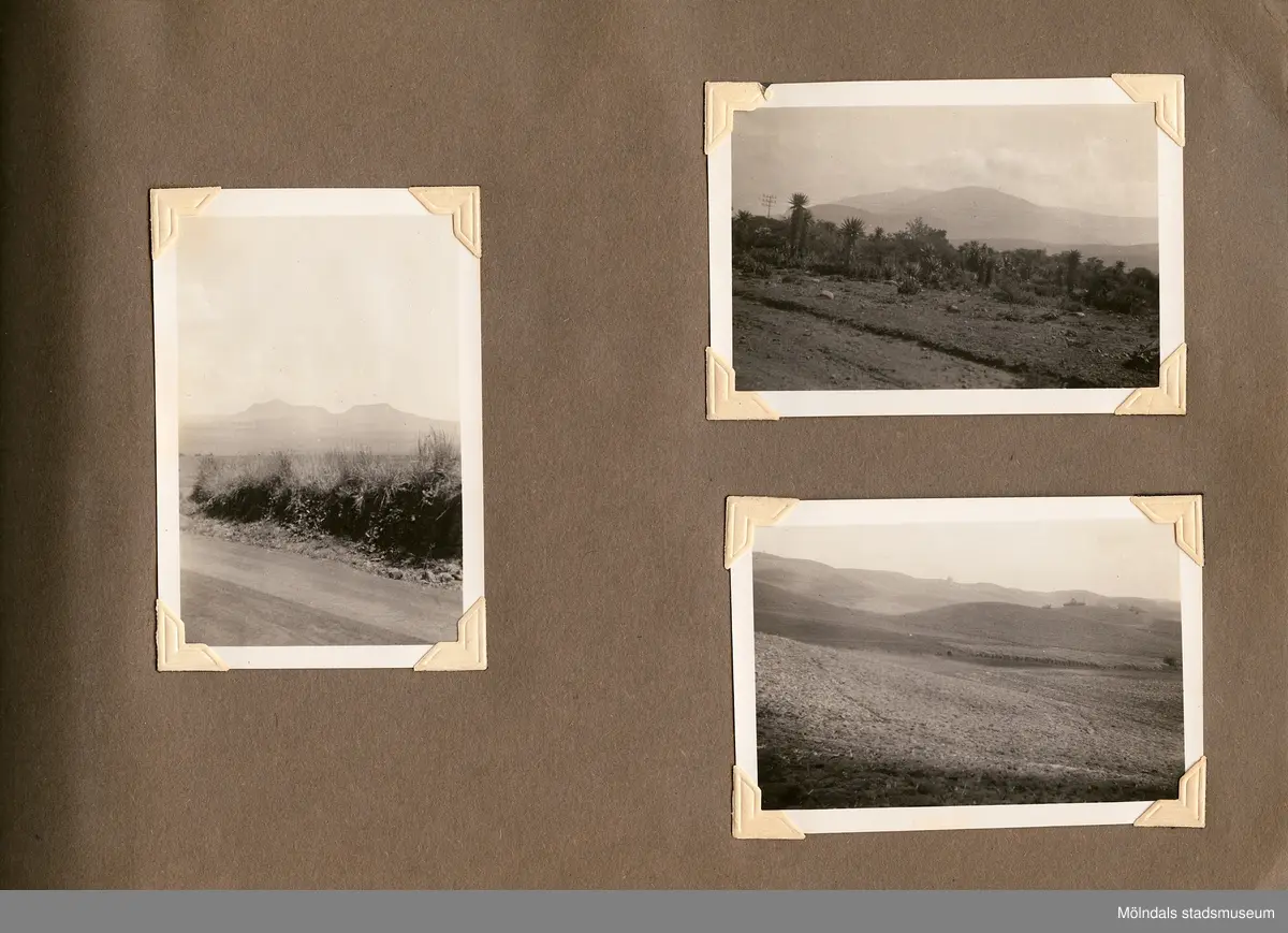 Fotografialbum som tillhört missionären Helga Andreasson. Albumet börjar med bilder från Roodeport 1932.

Helga Andreasson växte upp i Mölndal och efter avslutad skolgång utbildade hon sig till sjuksköterska och diakonissa vid Bräcke diakonianstalt. År 1931 reste hon ut till Zululand i Sydafrika och arbetade där som missionär för Svenska Kyrkans Mission. I närmare 40 år kom Helga Andreasson att arbeta i Sydafrika med kyrka och mission. 

Givaren Lilly Nygren är syster till Helga Andreasson, som var äldsta systern i en barnskara av sex.
Foton, diabilder, böcker mm. efter Helga Andreasson finns förvarade i Föreningsarkivet i Mölndal.