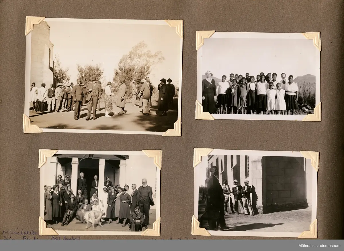 Fotografialbum som tillhört missionären Helga Andreasson. Albumet börjar med bilder från Roodeport 1932.

Helga Andreasson växte upp i Mölndal och efter avslutad skolgång utbildade hon sig till sjuksköterska och diakonissa vid Bräcke diakonianstalt. År 1931 reste hon ut till Zululand i Sydafrika och arbetade där som missionär för Svenska Kyrkans Mission. I närmare 40 år kom Helga Andreasson att arbeta i Sydafrika med kyrka och mission. 

Givaren Lilly Nygren är syster till Helga Andreasson, som var äldsta systern i en barnskara av sex.
Foton, diabilder, böcker mm. efter Helga Andreasson finns förvarade i Föreningsarkivet i Mölndal.