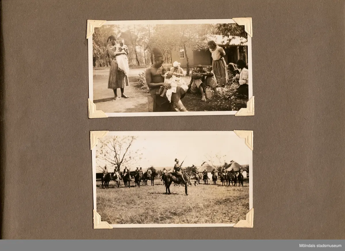 Fotografialbum som tillhört missionären Helga Andreasson. Albumet börjar med bilder från Roodeport 1932.

Helga Andreasson växte upp i Mölndal och efter avslutad skolgång utbildade hon sig till sjuksköterska och diakonissa vid Bräcke diakonianstalt. År 1931 reste hon ut till Zululand i Sydafrika och arbetade där som missionär för Svenska Kyrkans Mission. I närmare 40 år kom Helga Andreasson att arbeta i Sydafrika med kyrka och mission. 

Givaren Lilly Nygren är syster till Helga Andreasson, som var äldsta systern i en barnskara av sex.
Foton, diabilder, böcker mm. efter Helga Andreasson finns förvarade i Föreningsarkivet i Mölndal.