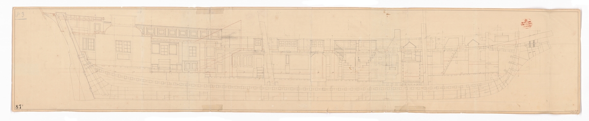 Inredningsritning i profil till den kungliga lustjakten AMPHION (1778).